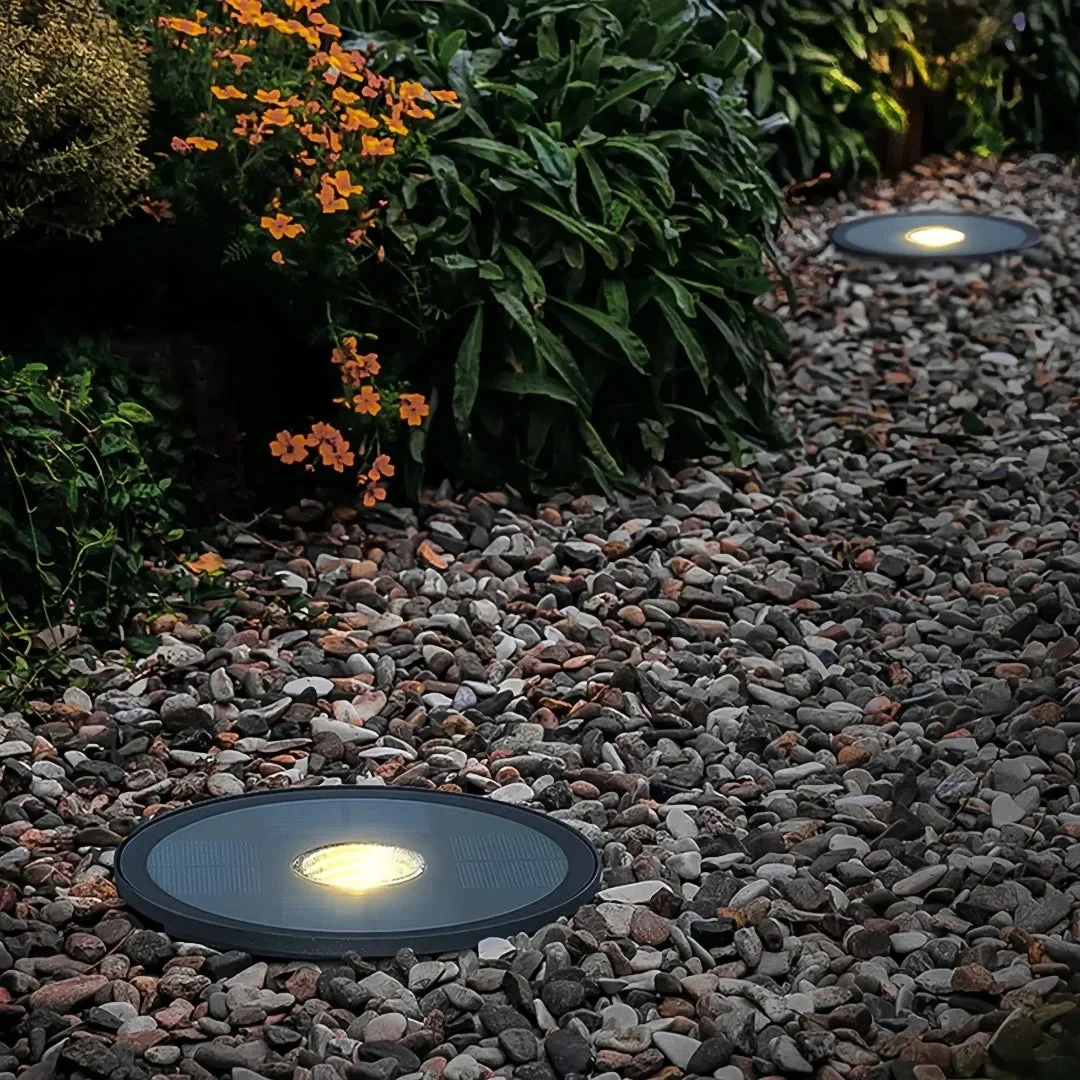 Luz solar de suelo LED moderna negra redonda IP65 para camino