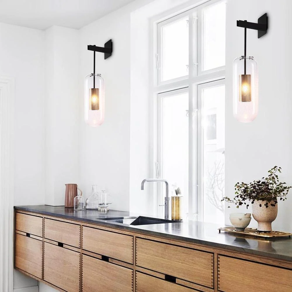 Zalira - Aplique de Pared Cilíndrico de Vidrio Estilo Mid-Century en Negro y Dorado - Lámpara para Dormitorio y Baño