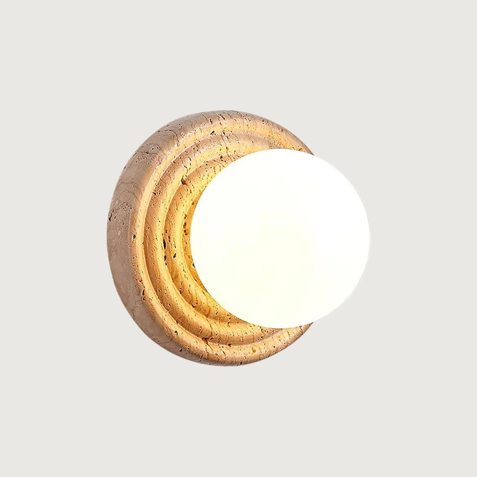 Garen - Aplique de Pared Minimalista Redondo de Travertino con Esfera de Vidrio Opalino