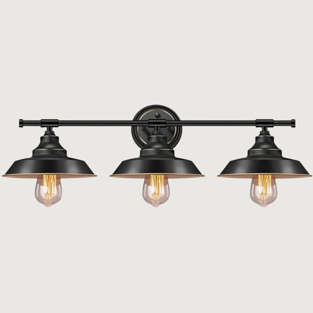 Glimen - Aplique de Pared Rústico Vintage de 3 Luces en Negro Mate - Ideal para Baño y Dormitorio