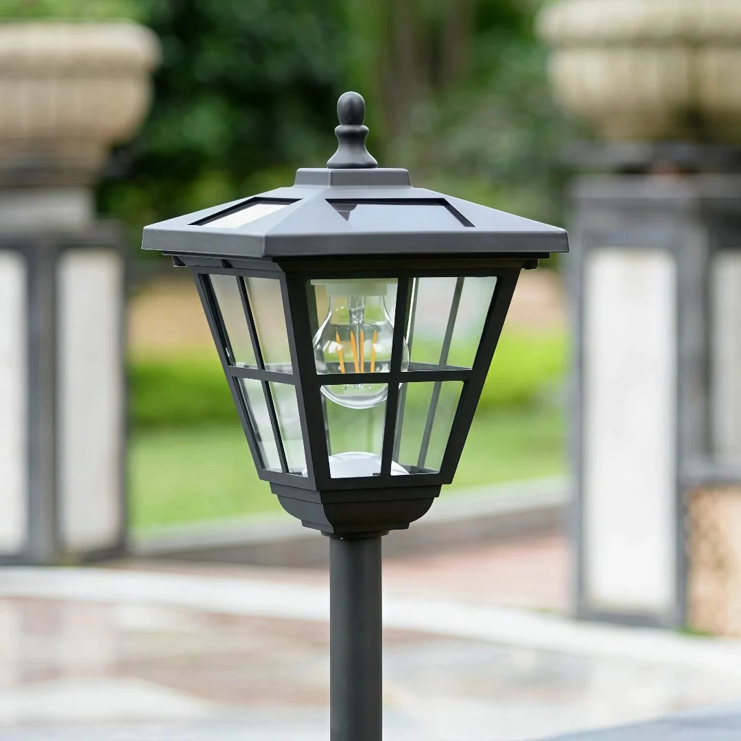 Lámpara estaca solar LED tipo farol negra IP65 para jardín