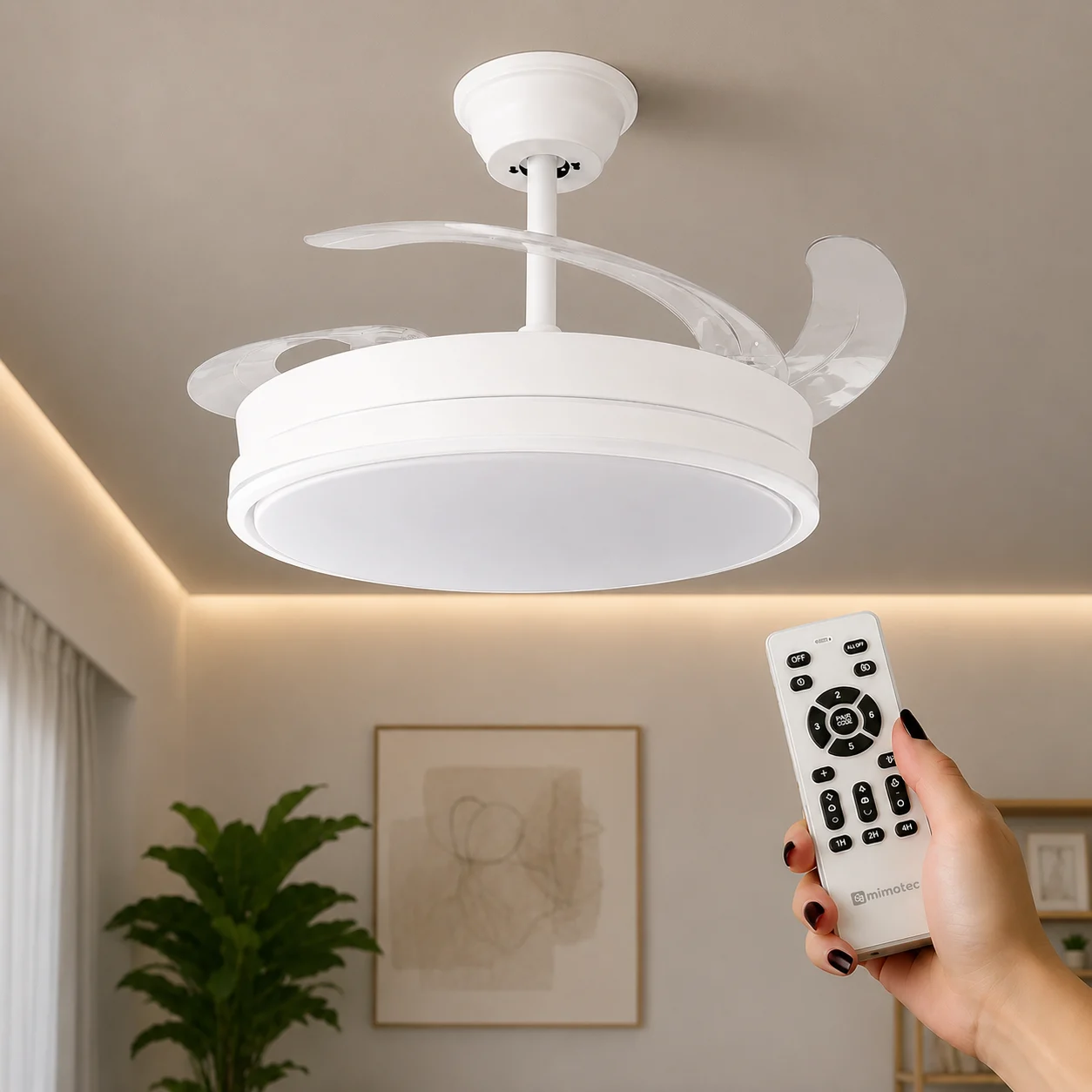 Ventilador de Techo LED 66W White Blanco DC Ultra Silencioso con Mando a Distancia y Palas Retráctiles Verano / Invierno