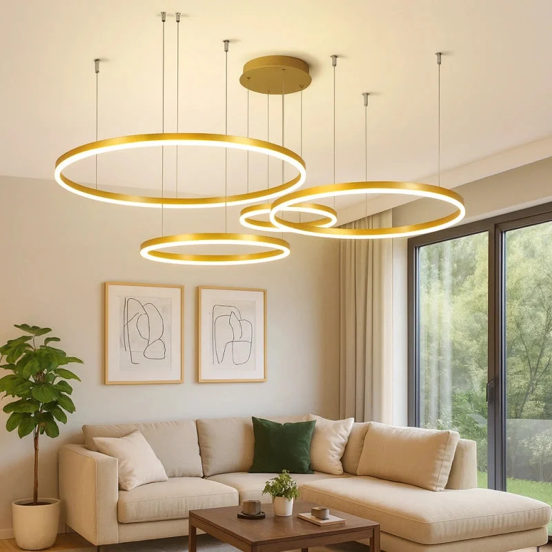 Lámpara colgante de círculos LED regulable de metal moderna para salón