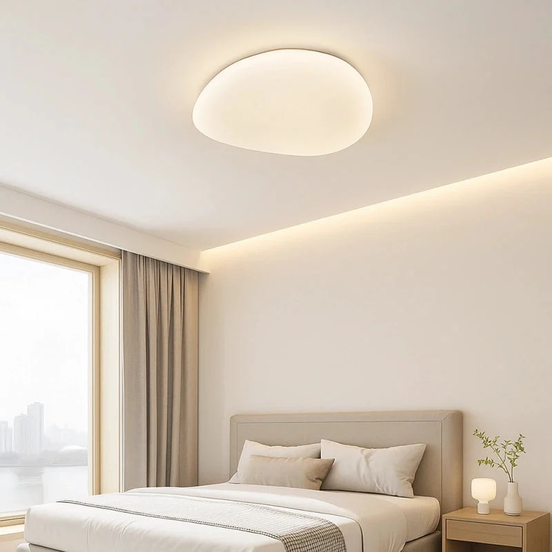 Plafón de techo moderno LED regulable blanco con forma de guijarro para dormitorio