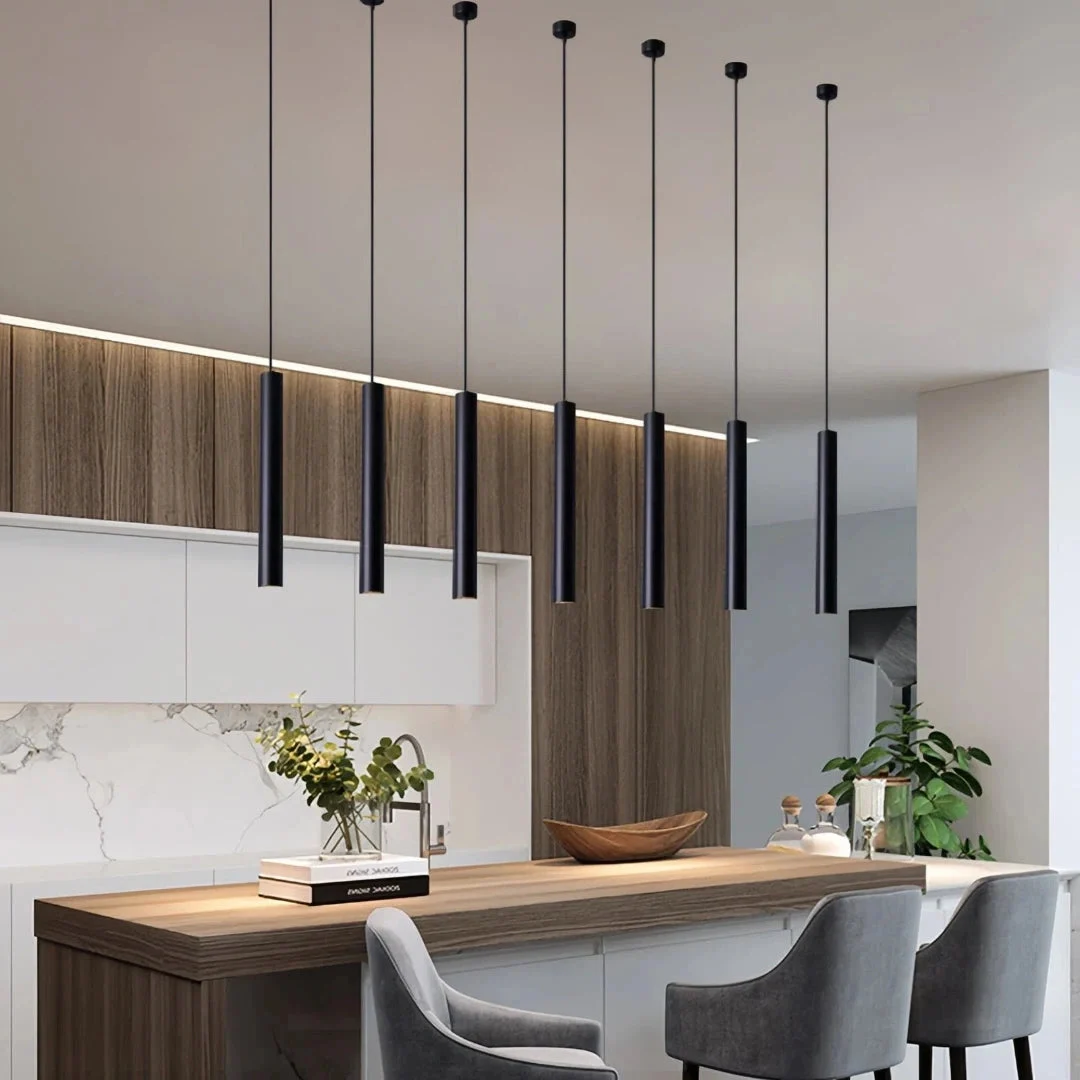 Lámpara colgante tubular LED minimalista de metal para isla de cocina