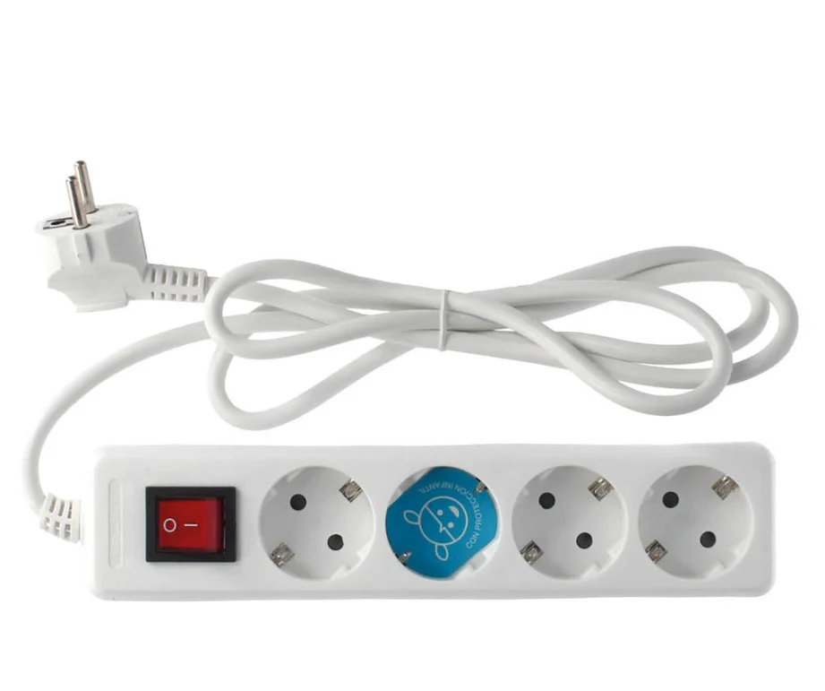 Regleta de 4 Enchufes + Interruptor Blanca (1.5 Metros) + Protección Infantil
