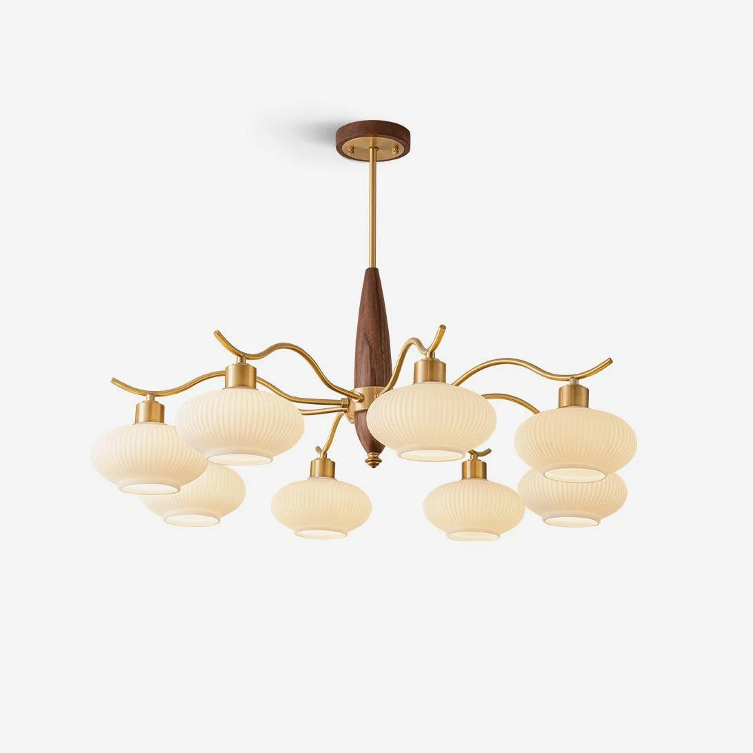 Ovria - Lámpara de Araña Techo de Cristal y Madera con 5 y 8 Luces - Diseño Clásico en Latón y Vidrio Blanco para Interior