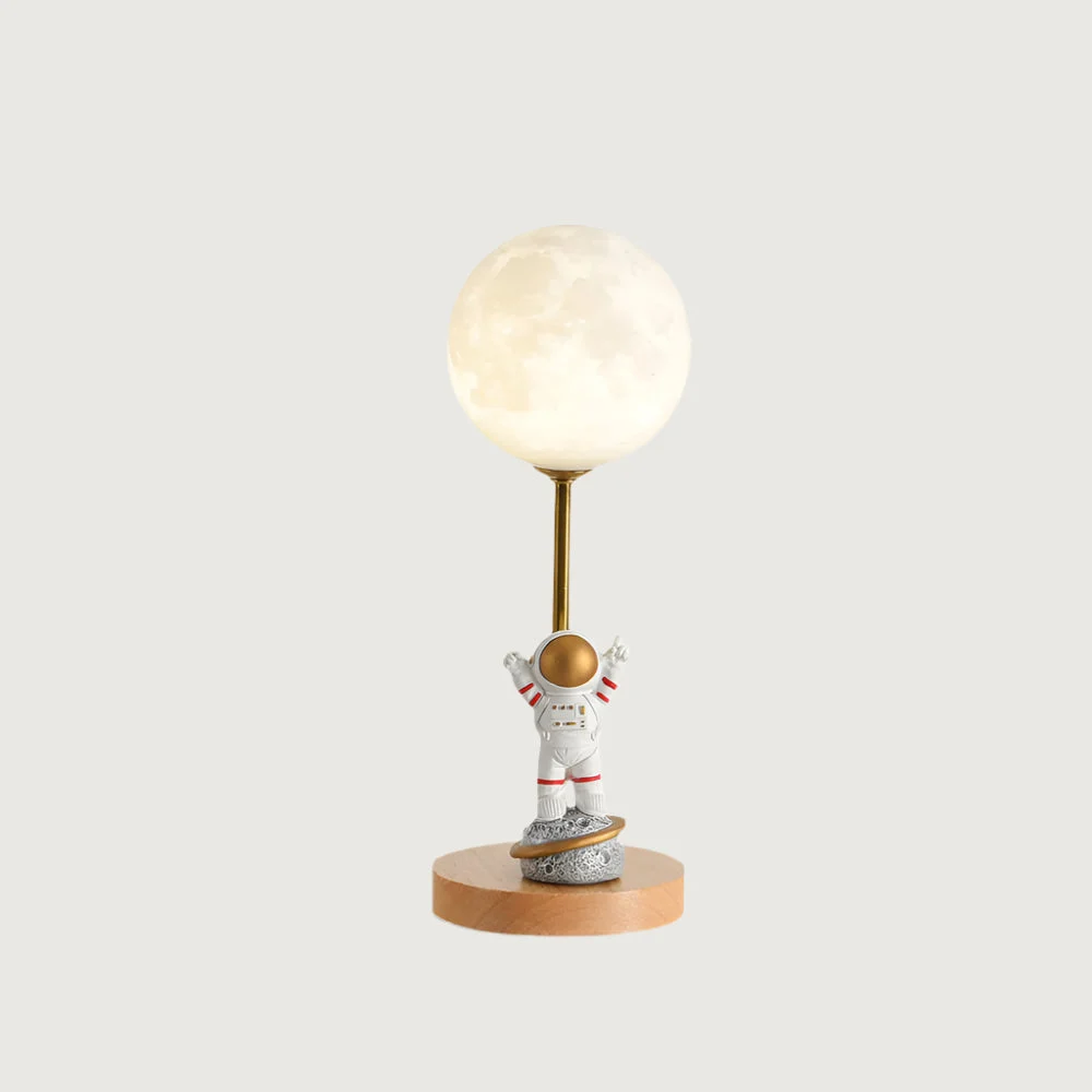 Lunema - Lámpara de Mesa Creativa Astronauta con Base de Madera y Luz LED - Ideal para Escritorios y Mesitas de Noche