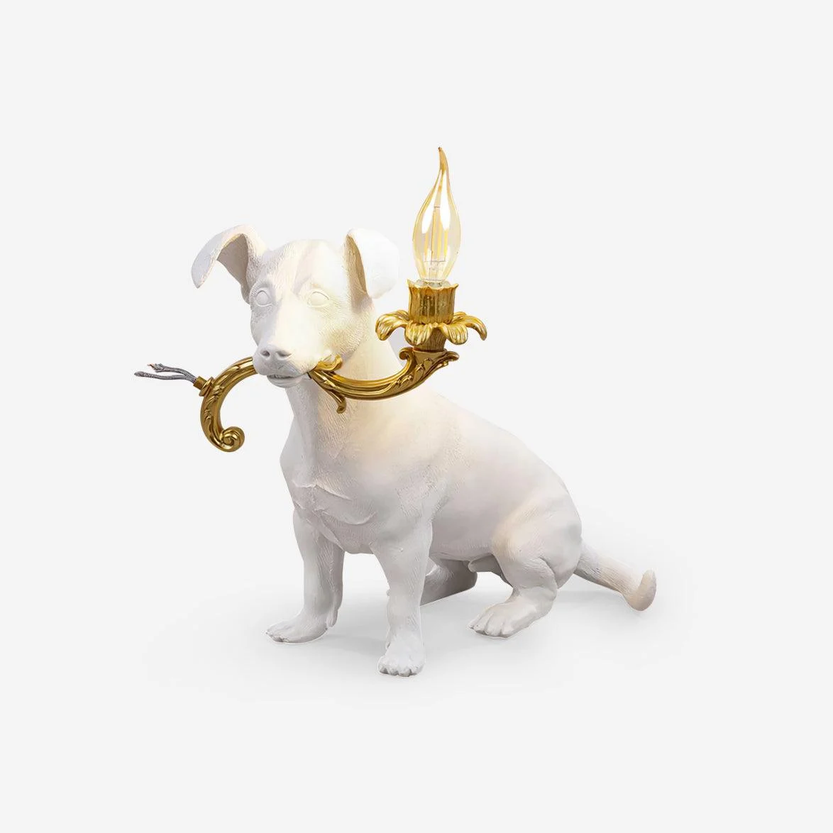 Rivol - Lámpara de Mesa con Diseño de Perro en Resina y Metal - Color Blanco y Dorado - Ideal para Mesitas de Noche