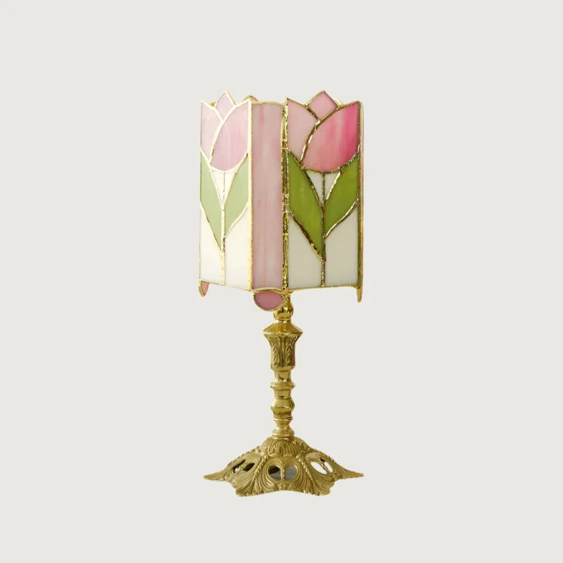 Eryva - Lámpara de Mesa Tulip Tiffany en Vidrio Rosa y Verde - Diseño Floral Vintage - Base de Latón - Compatible con LED E26/E27