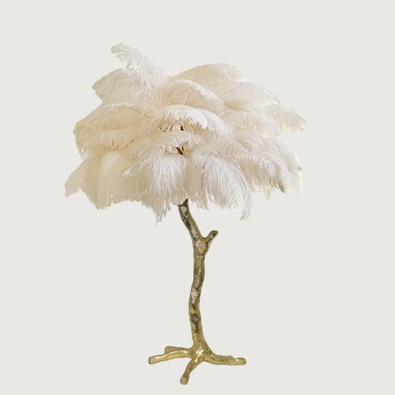 Solaya - Lámpara de Mesa de Plumas de Avestruz con Base de Latón - Decoración Elegante para el Hogar