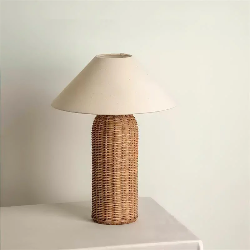 Zilon - Lámpara de Mesa de Ratán Natural con Pantalla de Tela para Interiores - Diseño Moderno y Elegante