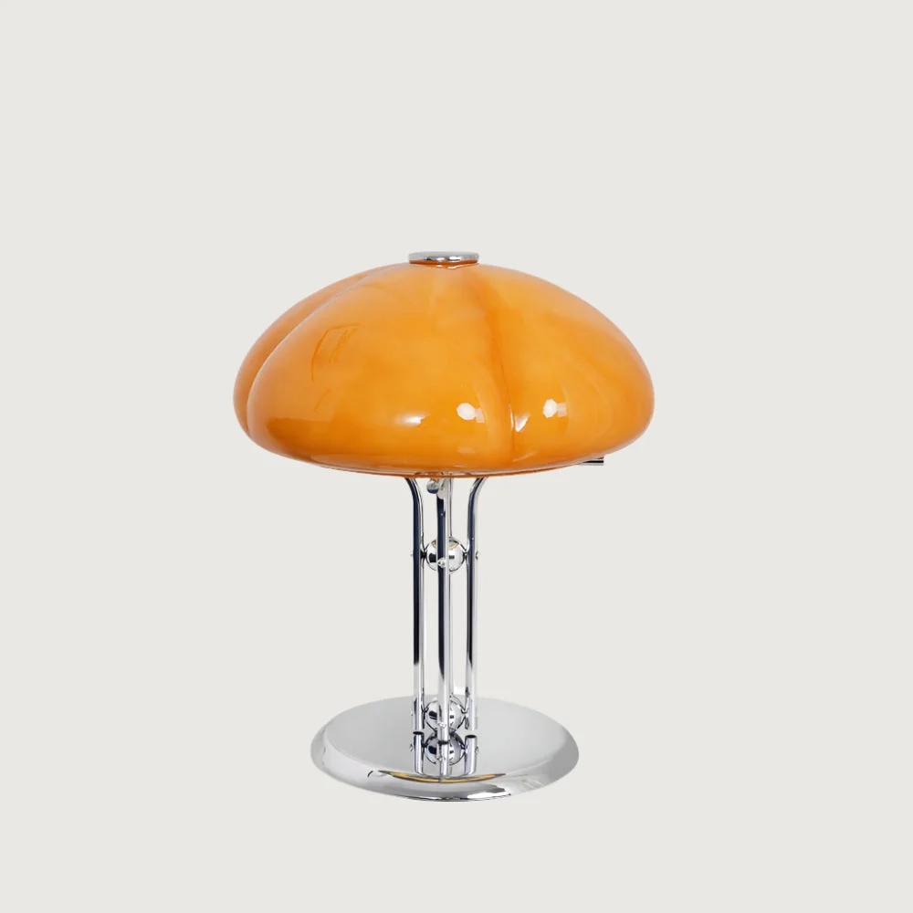 Soleya - Lámpara de Mesa de Vidrio Naranja con Base de Cromo - Diseño Curvado y Estilo Retro