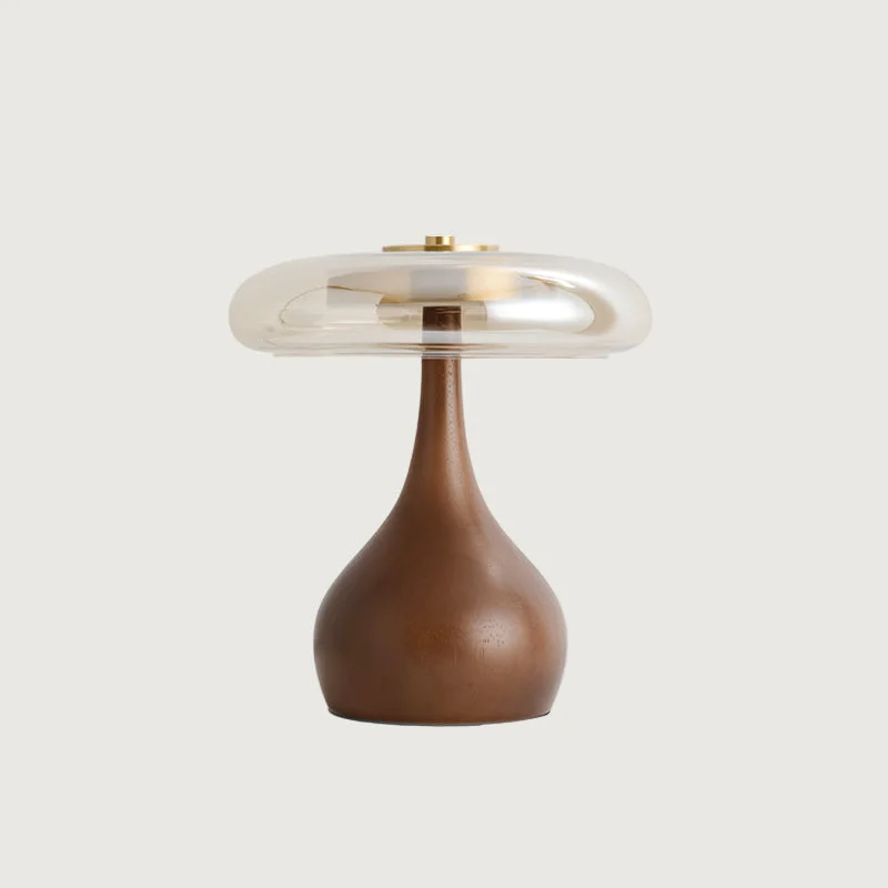 Olyne - Lámpara de Mesa de Vidrio con Base de Madera y Acabado en Latón – Diseño Moderno para Mesita de Noche y Escritorio
