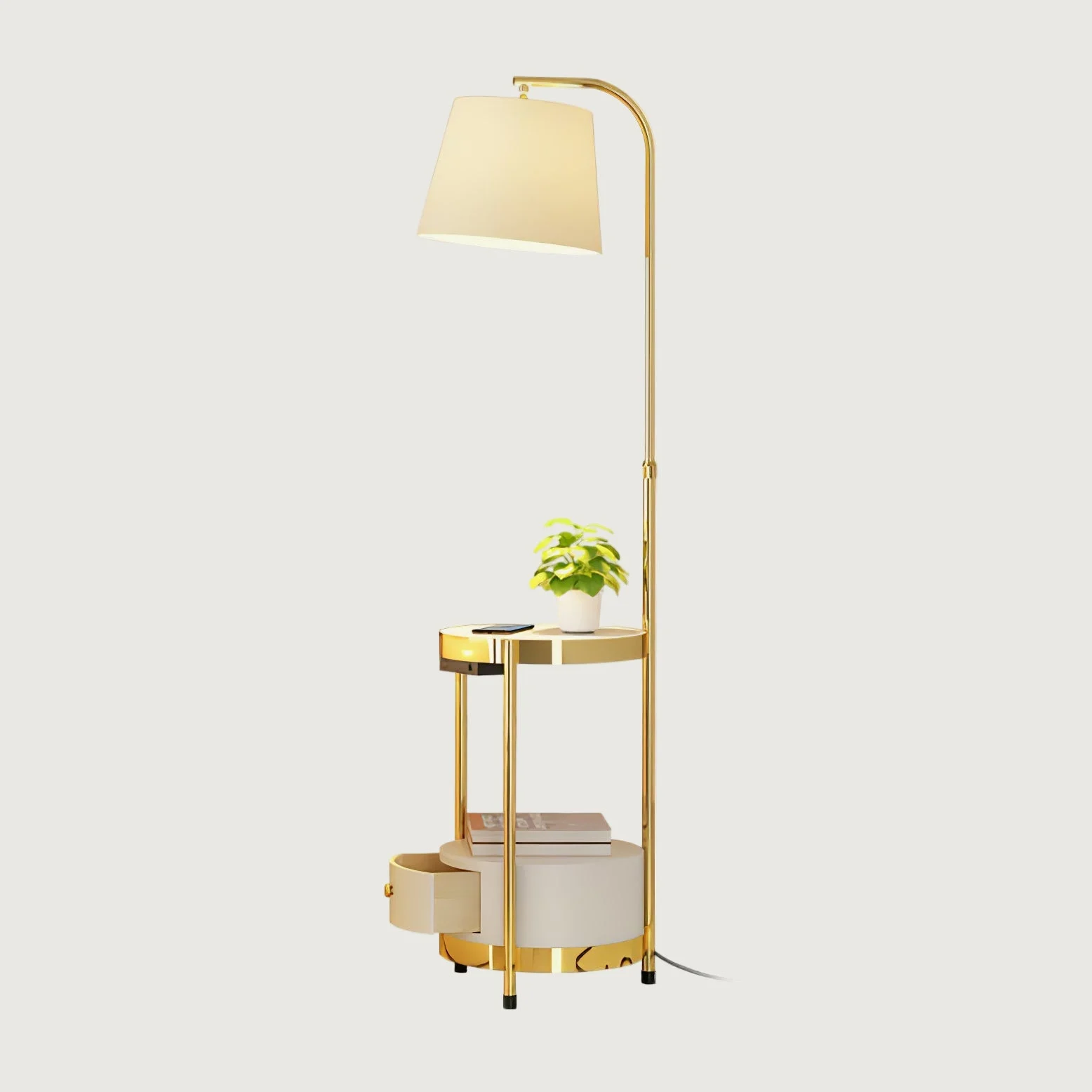 Ivron - Lámpara de Pie con Mesa de Almacenamiento y Pantalla Beige – Base de Metal Dorado