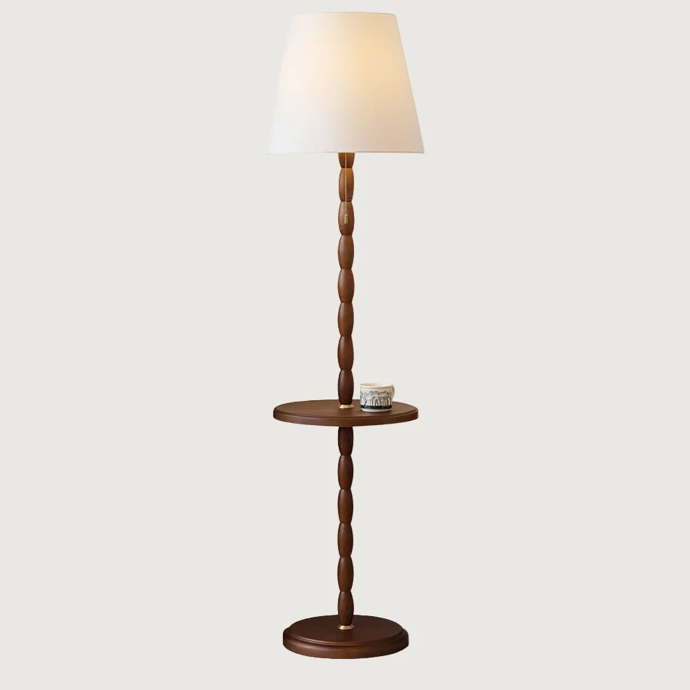 Selyo - Lámpara de Pie de Madera con Mesa Auxiliar - Diseño Clásico y Pantalla de Tela para Saló - Iluminación Cálida