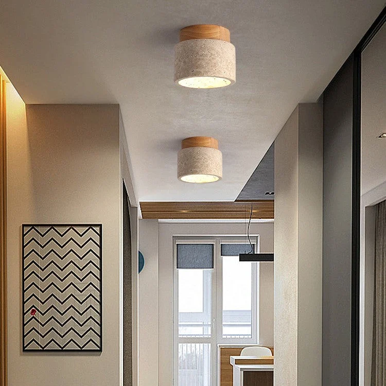 Orvian - Lámpara de Techo Cilíndrica de Travertino y Madera para Pasillo - Diseño Elegante y Natural