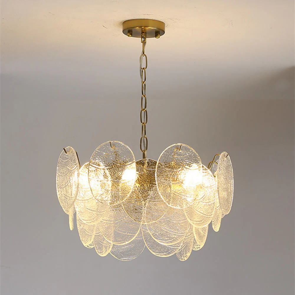 Pavro - Lámpara de Araña Techo Grande de Cristal con Pantalla de Vidrio Ondulado y Estructura de Hierro Dorado – Ideal para Sala y Dormitorio