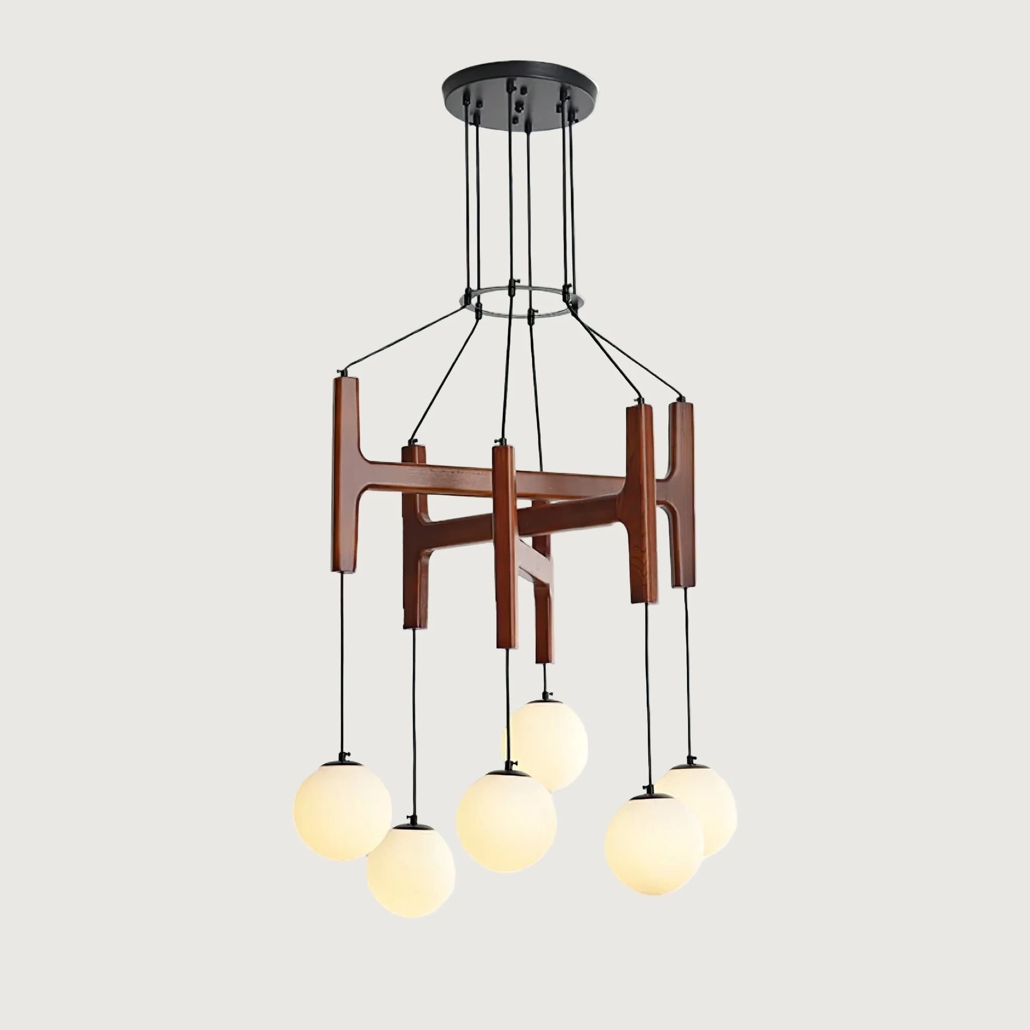 Norin - Lámpara de Araña Techo Moderna de Madera y Vidrio con 6 Esferas de Luz - Ideal para Iluminación Interior
