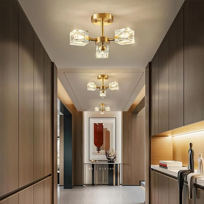 Glovia - Lámpara de Techo Semi Flush Mount de Cristal Dorado para Dormitorio - Iluminación Elegante
