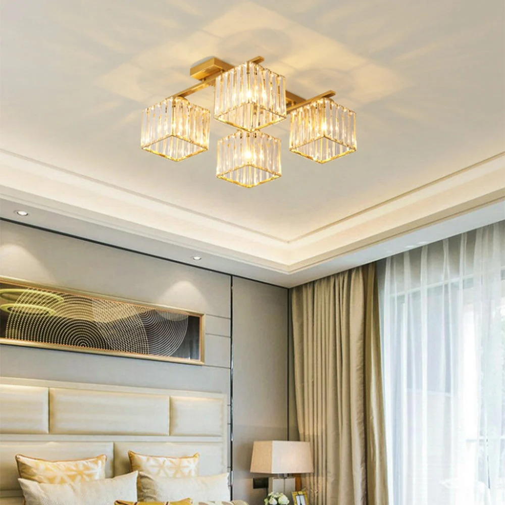Clarva - Lámpara de Techo de Cristal de Lujo en Oro para Dormitorio - Iluminación Elegante