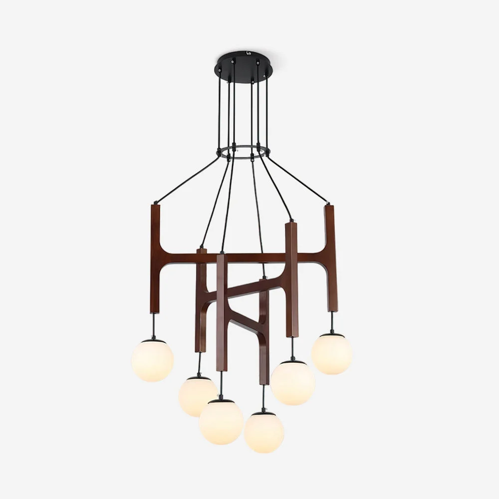 Miren - Lámpara de Araña Techo de Madera con Pantallas de Vidrio – Diseño Minimalista y Elegante
