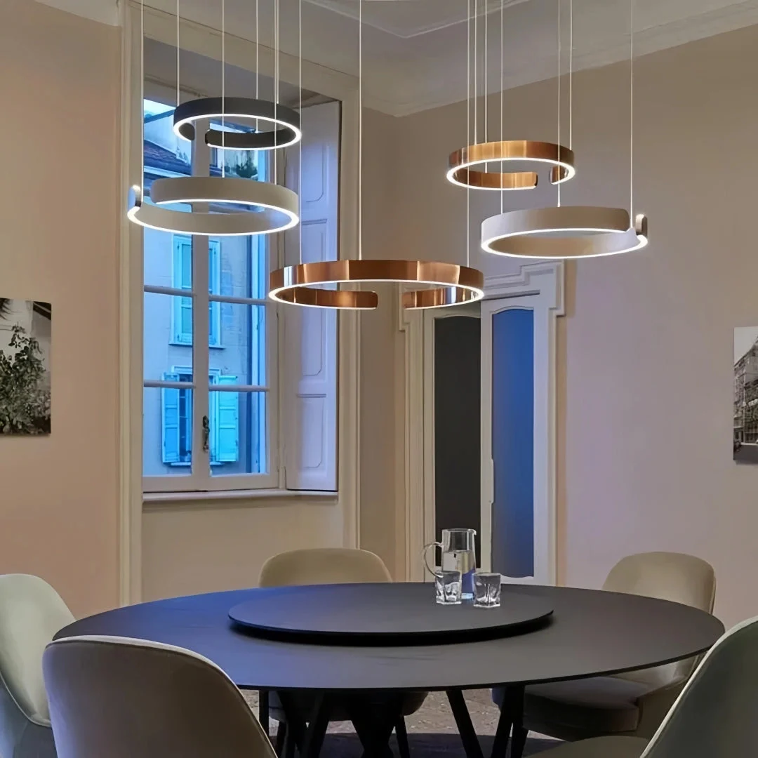 Lámpara colgante circular moderna de metal con LED regulable para comedor