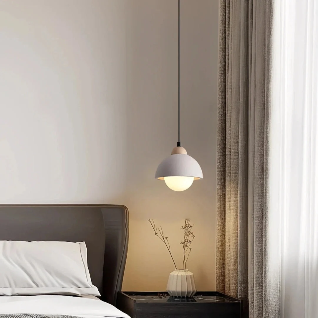 Lámpara colgante de cemento y madera Japandi LED para mesilla de noche