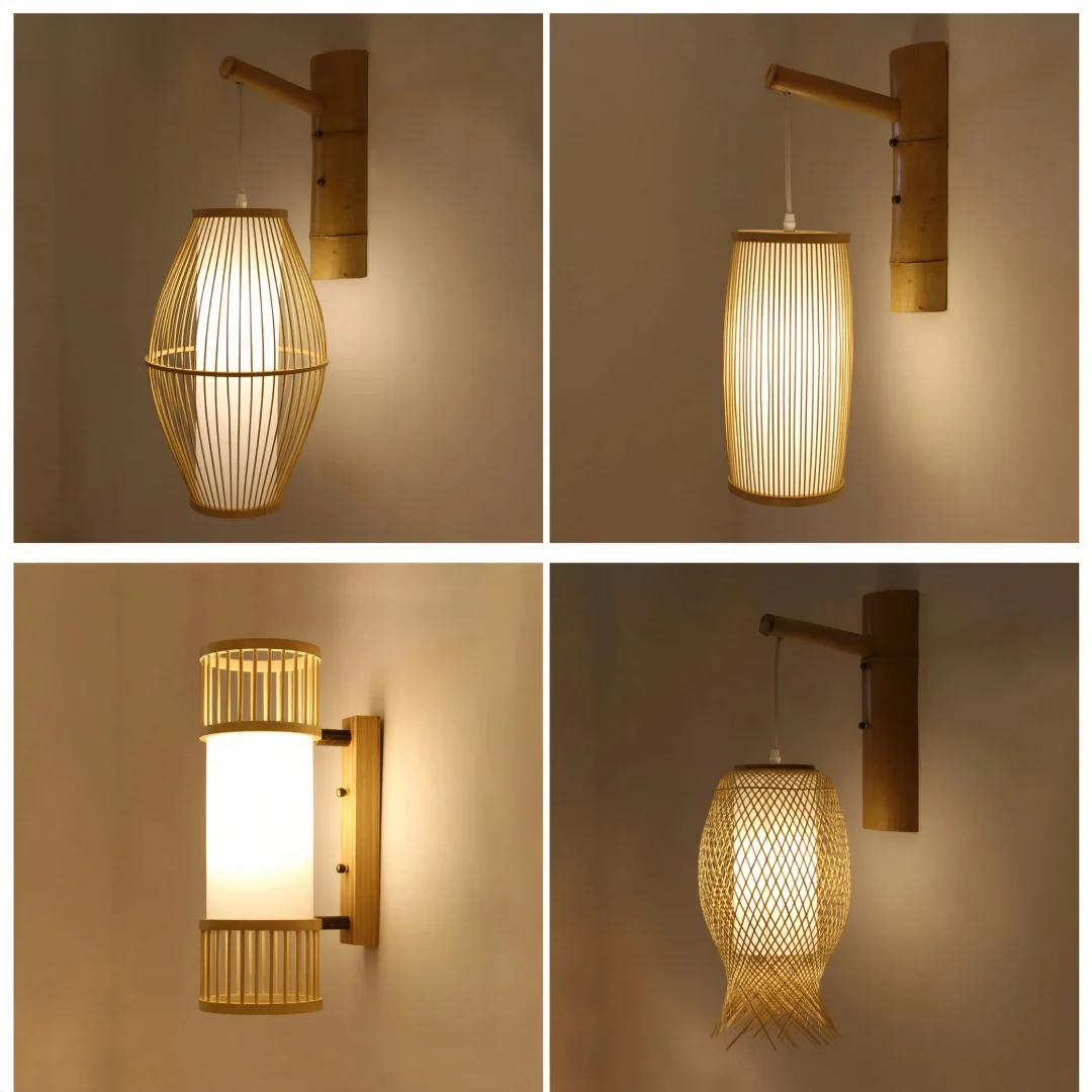 Aplique de pared de bambú estilo japonés LED tipo farol para salón