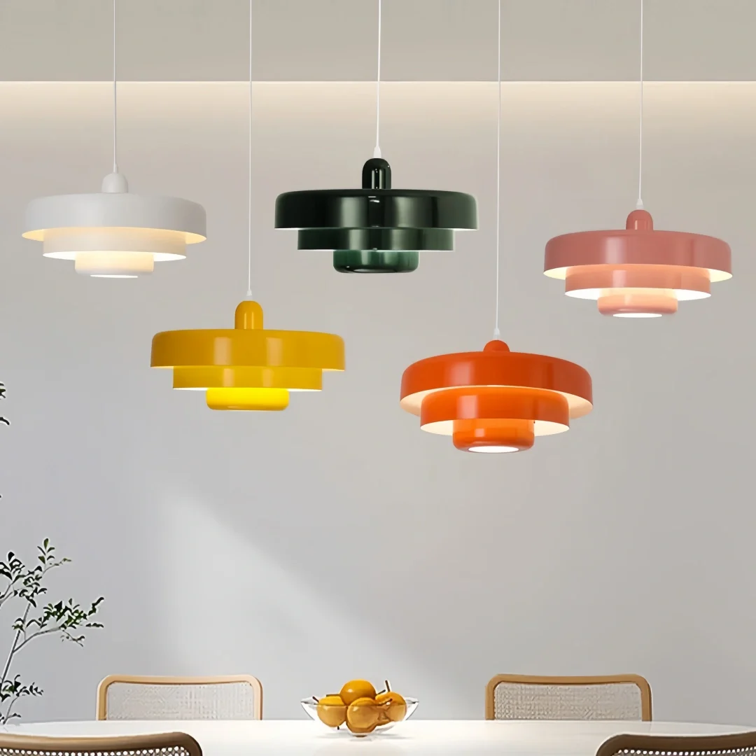 Lámpara colgante nordica de metal color macaron tres niveles regulable para comedor