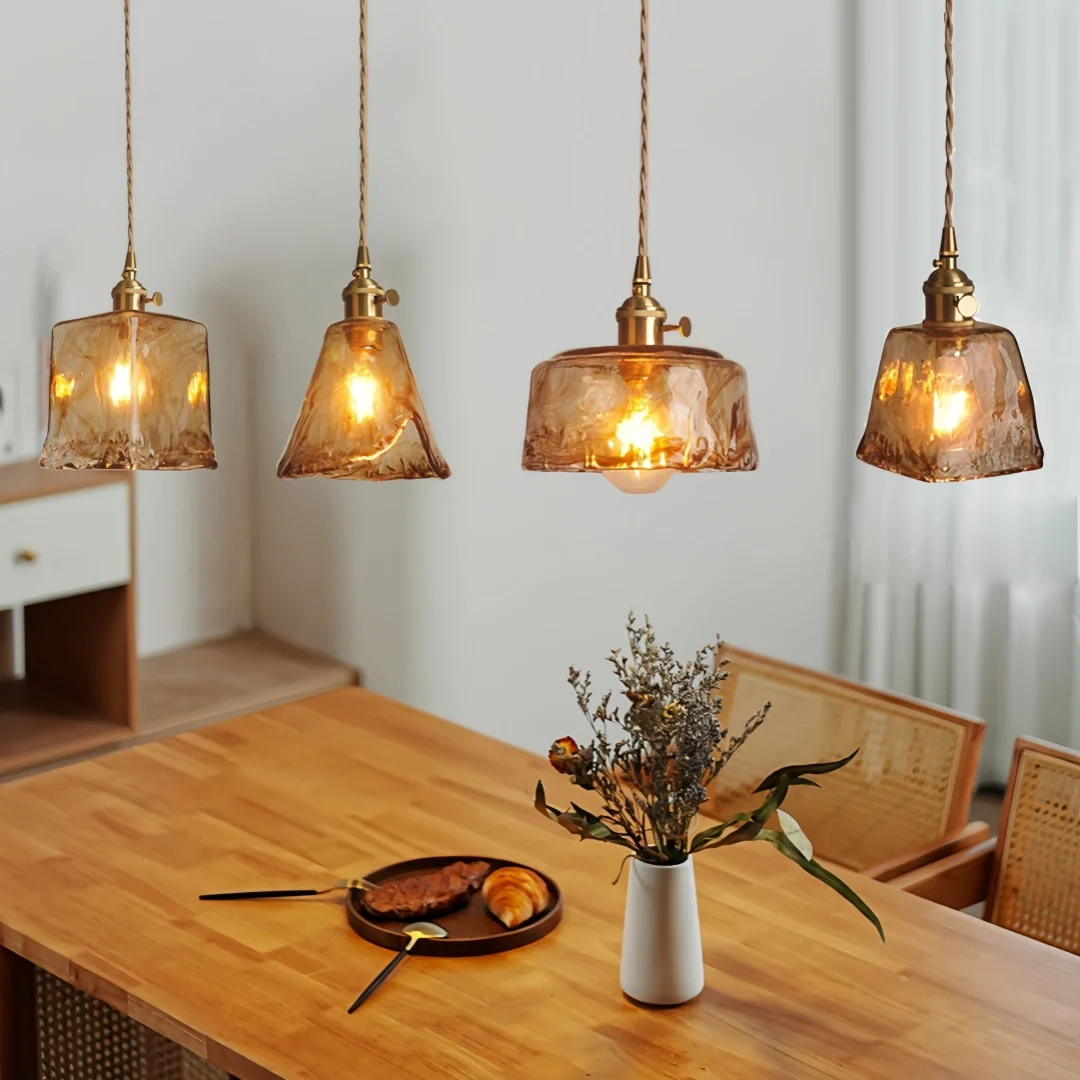 Lámpara colgante de vidrio ámbar vintage para comedor con altura ajustable