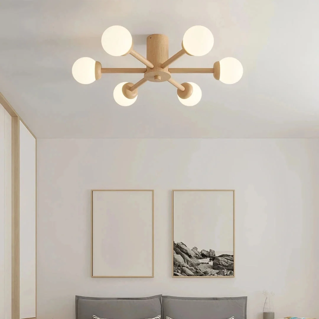 Lámpara de techo Sputnik LED regulable de madera para dormitorio, 6/8 luces