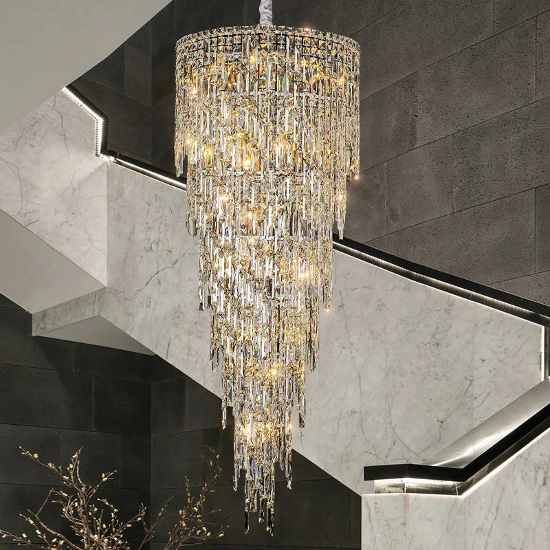 Lámpara colgante para escalera de cristal plateado grande con LED de lujo