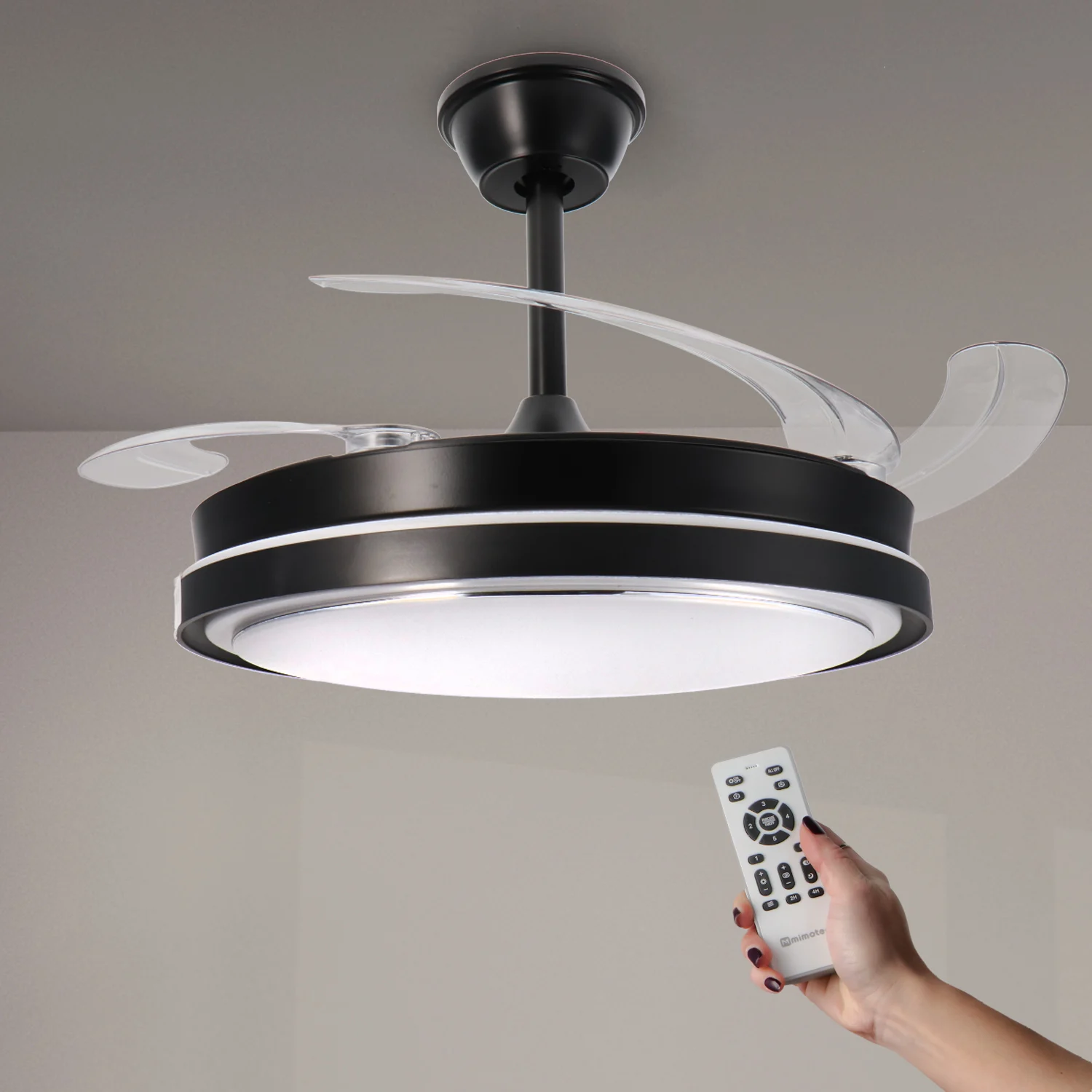 Ventilador de Techo LED Negro DC Hood Ø105cm Ultra Silencioso con Mando a Distancia y Palas Retráctiles Verano / Invierno