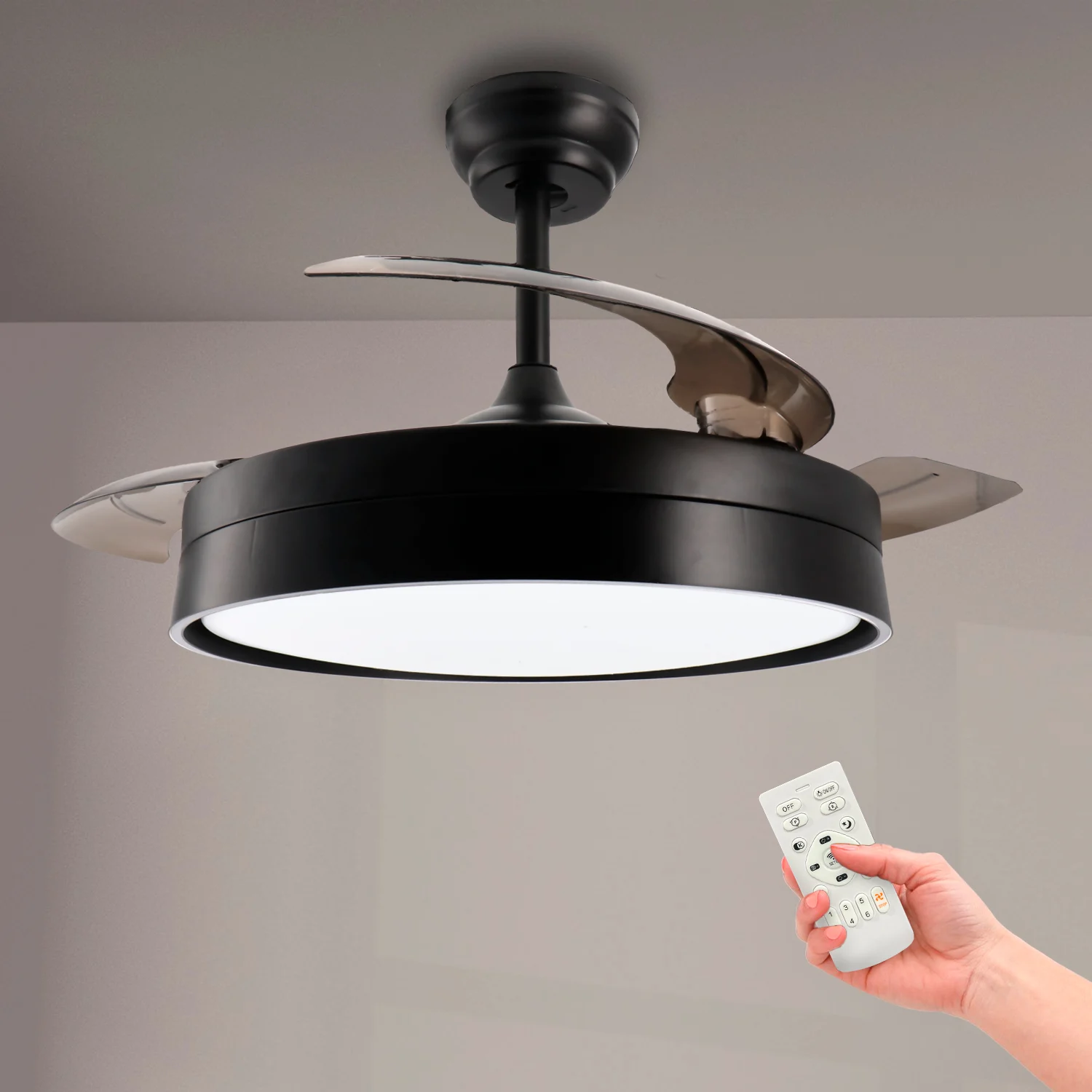 Ventilador de Techo LED Loki 78W Ø106 Negro DC Ultra Silencioso con Mando a Distancia y Palas Retráctiles Verano / Invierno