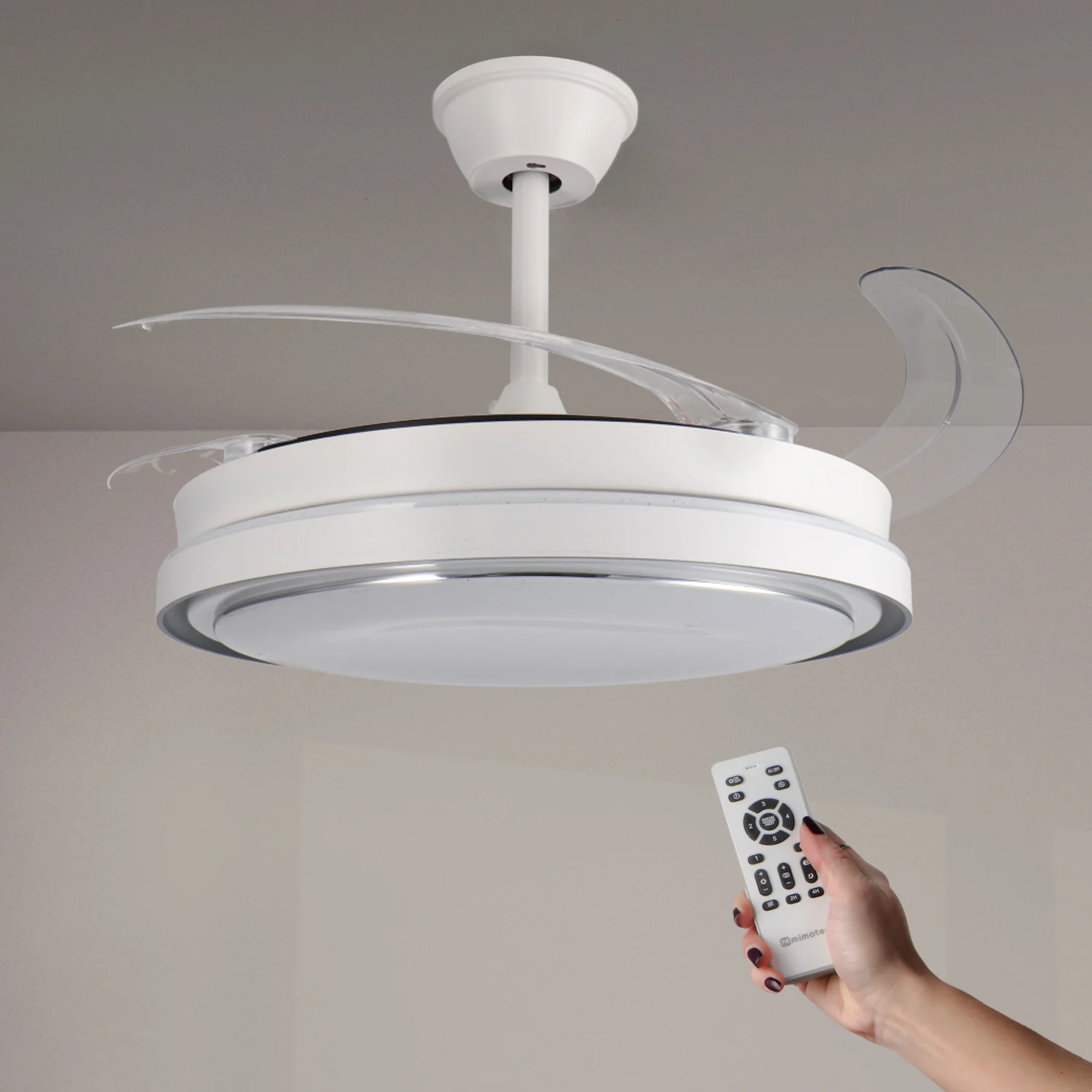 Ventilador de Techo LED 70W Blanco Hood Star DC Ultra Silencioso con Mando a Distancia y Palas Retráctiles Verano / Invierno