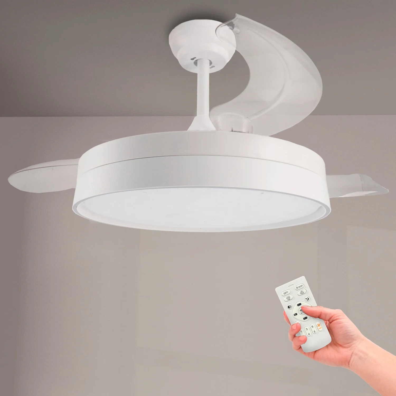 Ventilador de Techo LED Loki 68W Ø106 Blanco DC Ultra Silencioso con Mando a Distancia y Palas Retráctiles Verano / Invierno