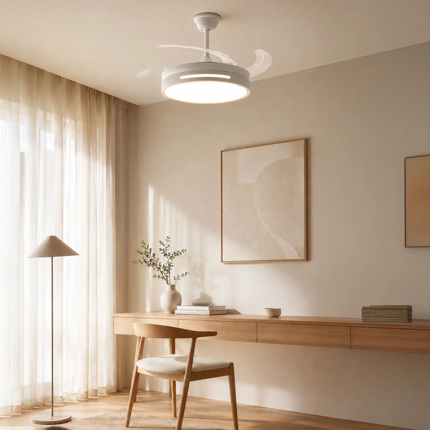 Ventilador de techo LED WiFi Smart 64W Blanco Ø108cm DC Ultra Silencioso con Mando a Distancia y Palas Retráctiles Verano / Invierno
