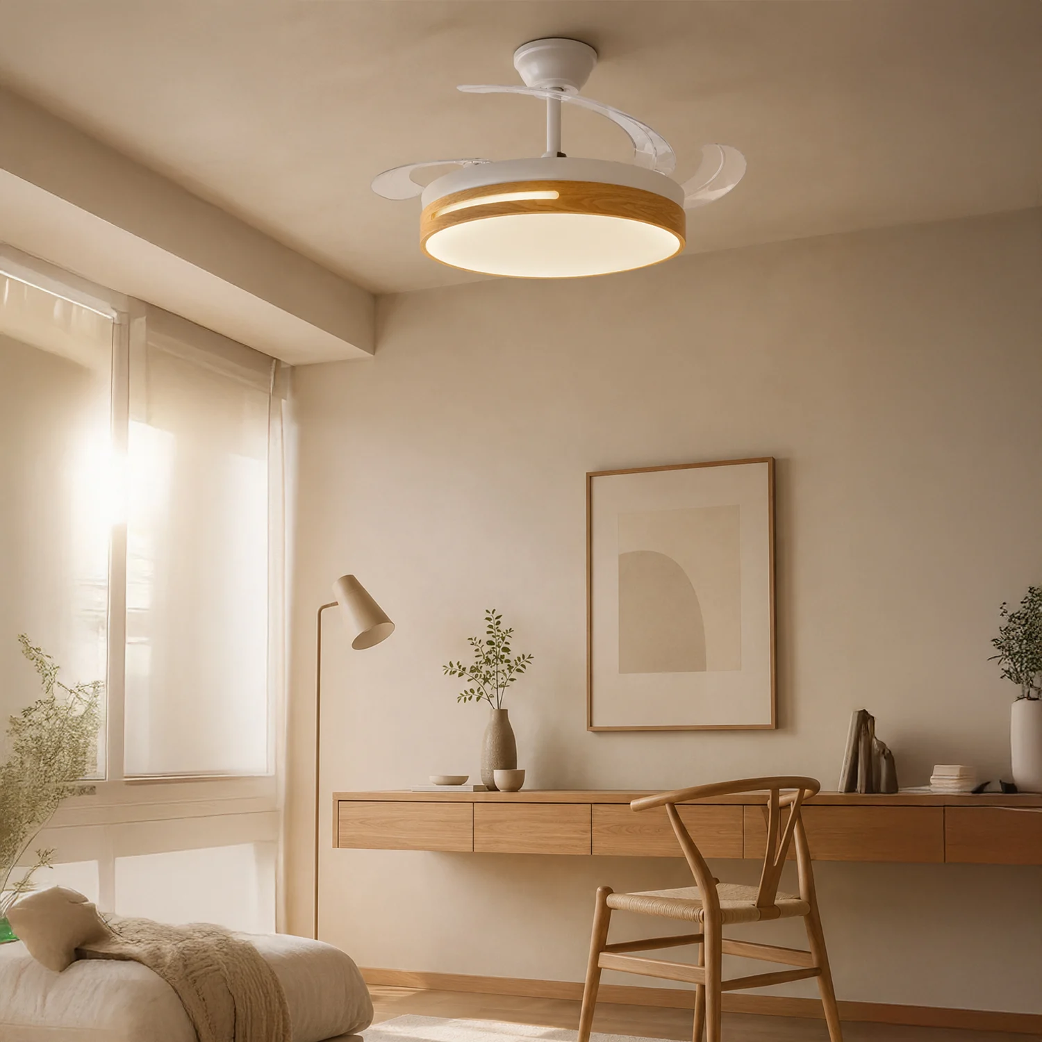 Ventilador de techo LED WiFi Smart 64W Madera Ø108cm DC Ultra Silencioso con Mando a Distancia y Palas Retráctiles Verano / Invierno