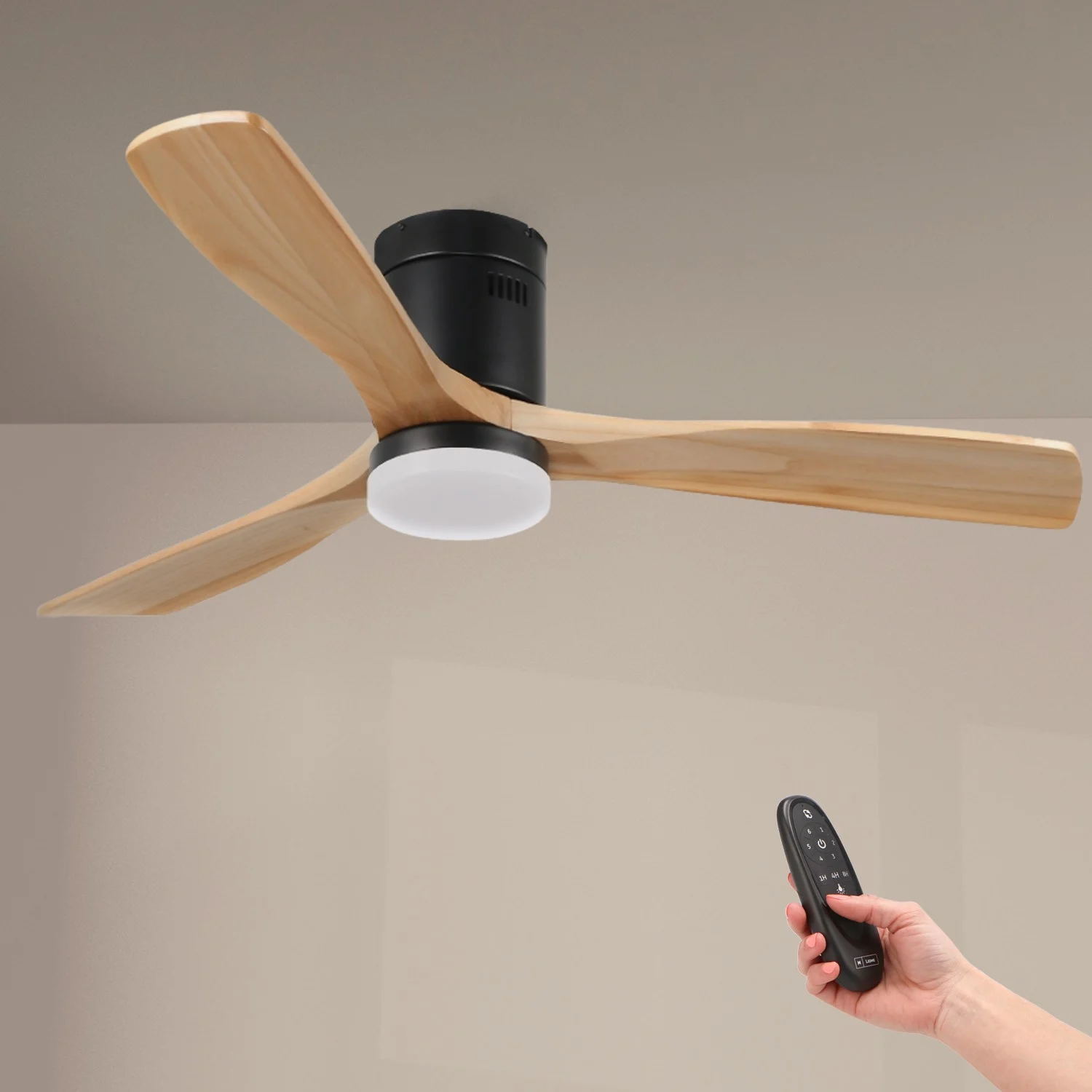 Reacondicionado – Ventilador de Techo LED 58W Ø132 cm Madera Natural Negro / Haya Motor DC 40W Silencioso Luz 18W CCT Modo Verano / Invierno con Mando a Distancia