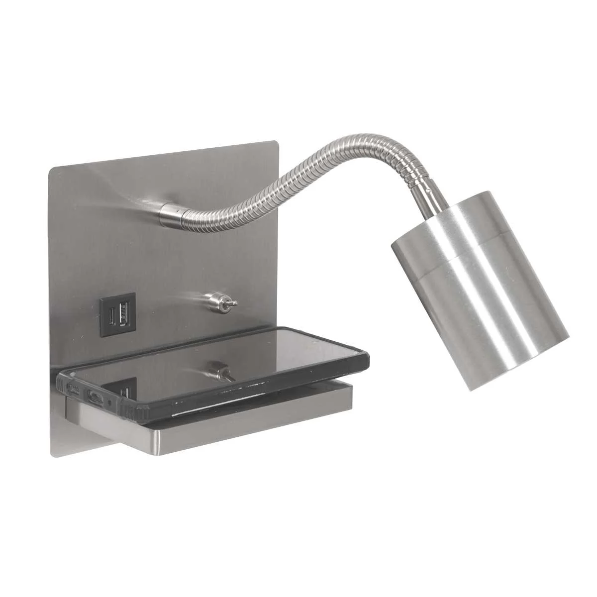 Aplique de pared gris con soporte y cargador para móvil Mexlite Upround acero