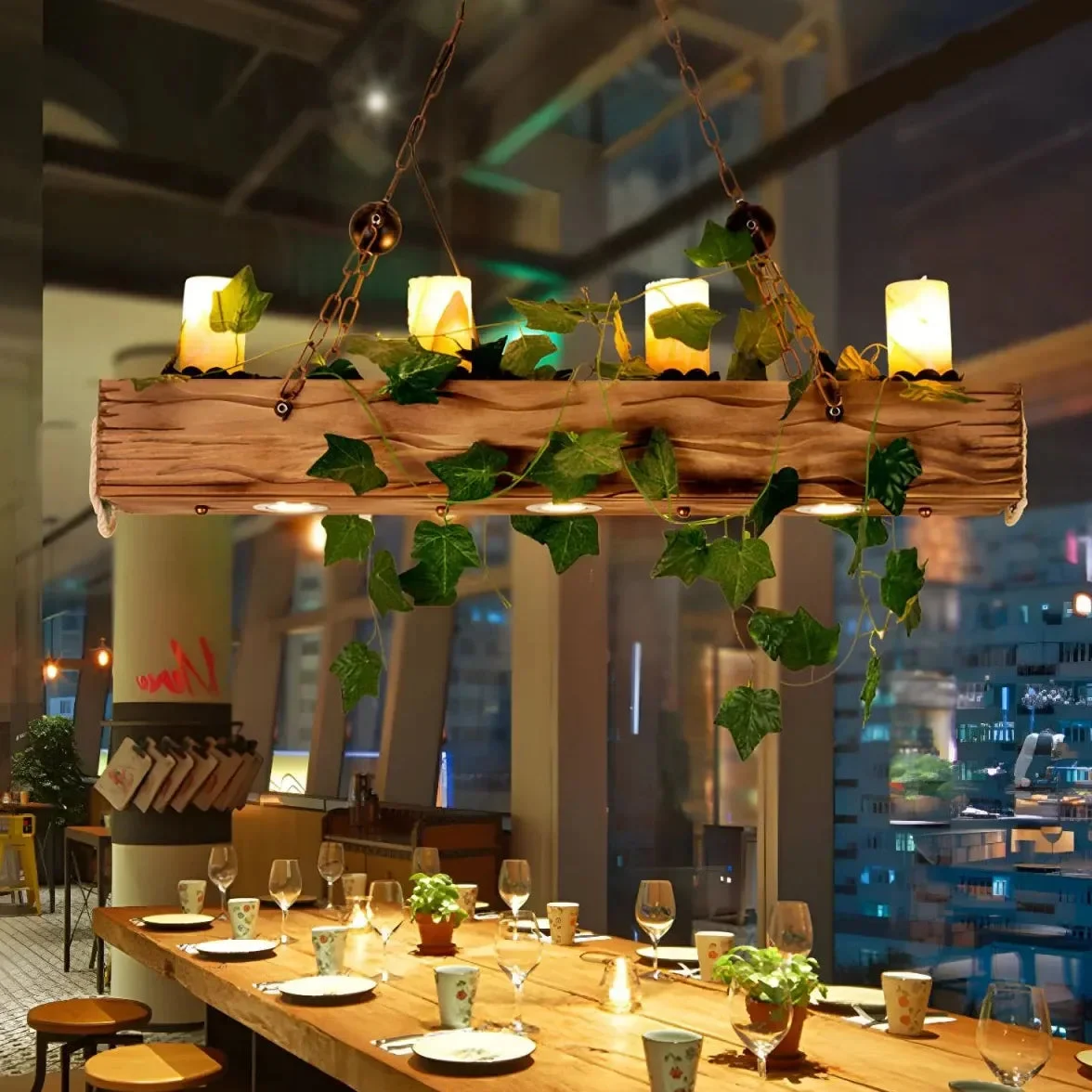 Lampara colgante vintage de madera diseño rectangular para comedor