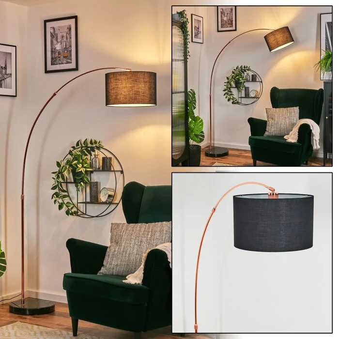 Bassagoda Lámpara de pie, Lámparas de pie tipo arco Cobre, Negro, 1 luz, Pantalla de lámpara de tela