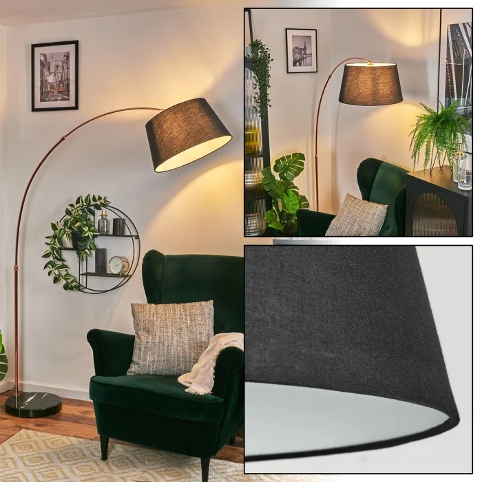 Bassagoda Lámpara de pie, Lámparas de pie tipo arco Cobre, Negro, 1 luz, Pantalla de tela
