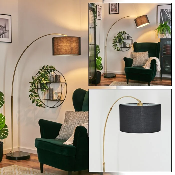 Bassagoda Lámpara de pie, Lámparas de pie tipo arco Latón, Negro, 1 luz, Pantalla de lámpara de tela