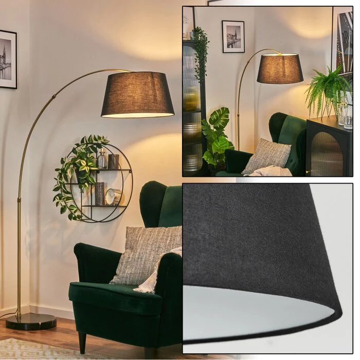 Bassagoda Lámpara de pie, Lámparas de pie tipo arco Latón, Negro, 1 luz, Pantalla de tela