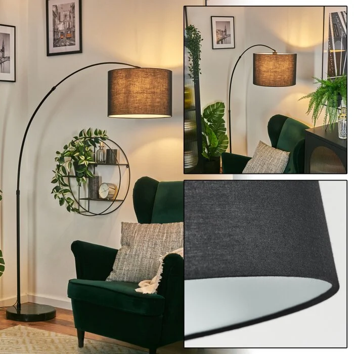 Bassagoda Lámpara de pie, Lámparas de pie tipo arco Negro, 1 luz, Pantalla de lámpara de tela