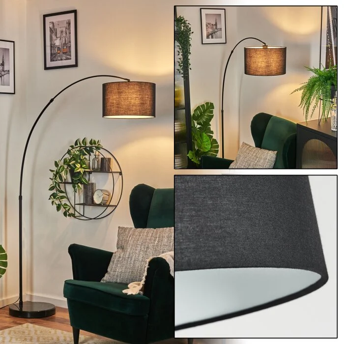 Bassagoda Lámpara de pie, Lámparas de pie tipo arco Negro, 1 luz, Pantalla de tela