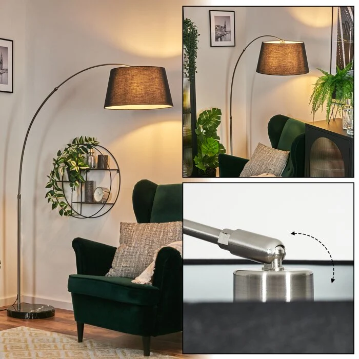 Bassagoda Lámpara de pie, Lámparas de pie tipo arco Níquel-mate, Negro, 1 luz, Pantalla de lámpara de tela
