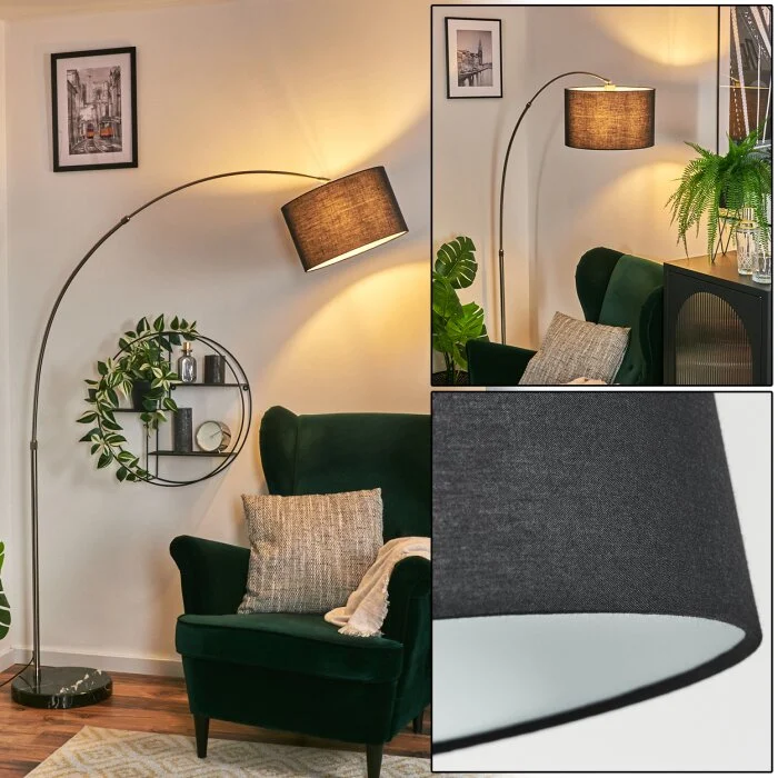 Bassagoda Lámpara de pie, Lámparas de pie tipo arco Níquel-mate, Negro, 1 luz, Pantalla de tela